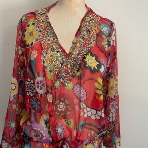 Boho Floral Sheer Tunic Dress with Sequin Beaded Neckline